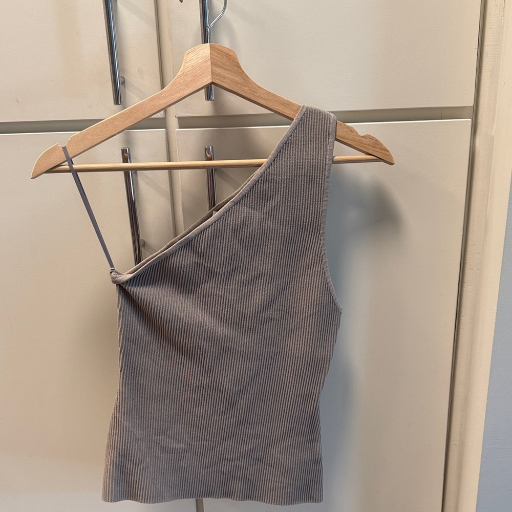Aritzia Ribbed One-Shoulder Top in Taupe